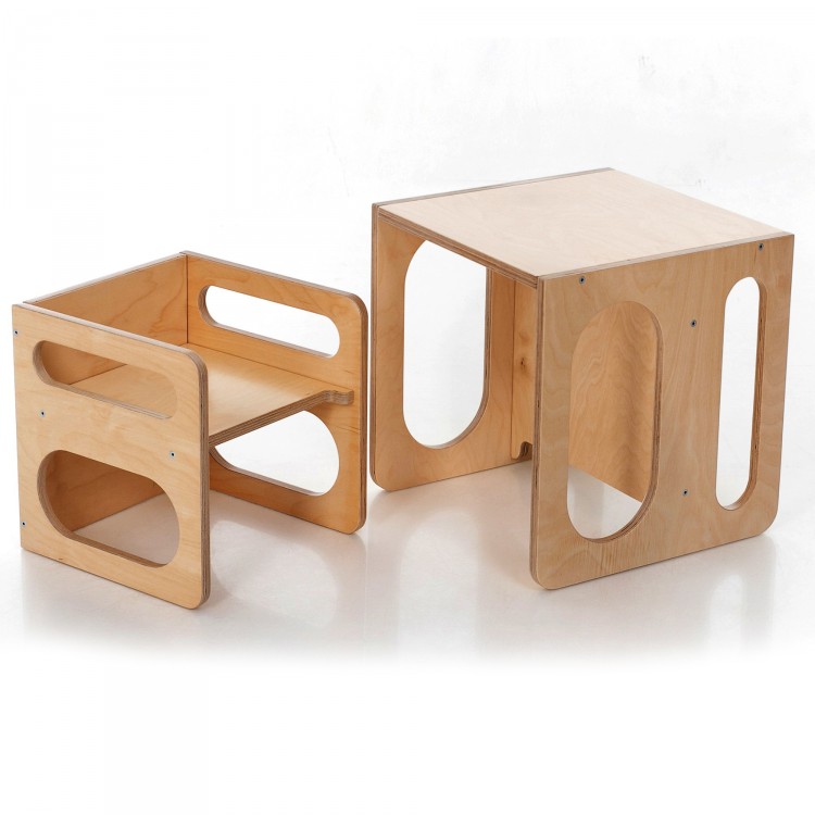 Montessori Cube Chair Set - Cube Chair and Table (Natural Lacquered)