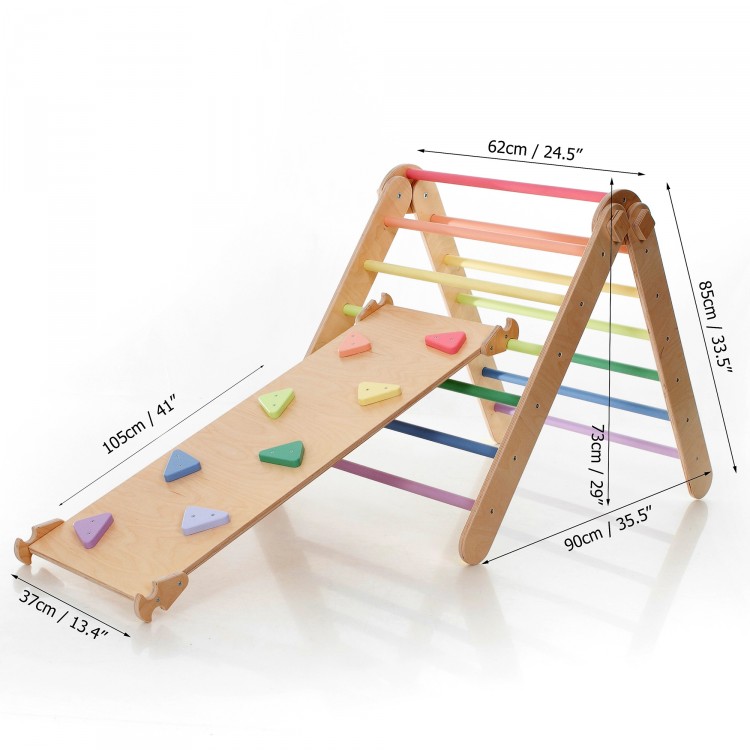 Adjustable Climbing Triangle with Ramp & Slide (Natural Lacquered frame + Pastel rainbow color bars and ramp steps)