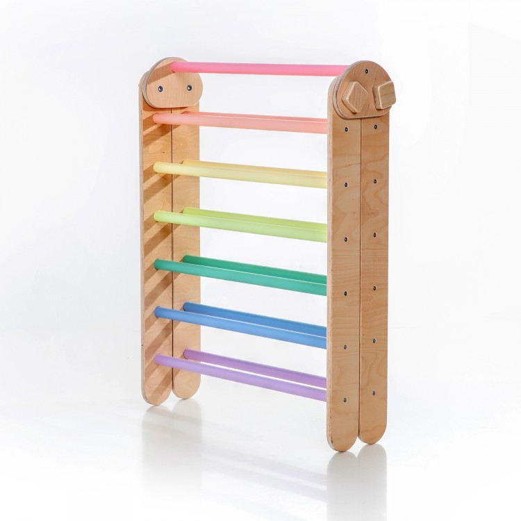 Adjustable Climbing Triangle with Ramp & Slide (Natural Lacquered frame + Pastel rainbow color bars and ramp steps)