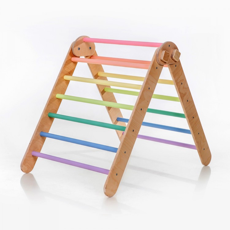 Adjustable Climbing Triangle with Ramp & Slide (Natural Lacquered frame + Pastel rainbow color bars and ramp steps)