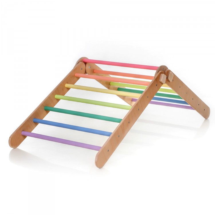 Adjustable Climbing Triangle with Ramp & Slide (Natural Lacquered frame + Pastel rainbow color bars and ramp steps)