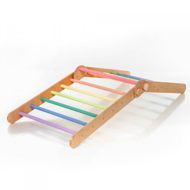 Adjustable Climbing Triangle with Ramp & Slide (Natural Lacquered frame + Pastel rainbow color bars and ramp steps)