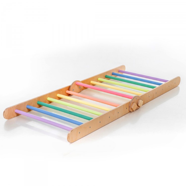 Adjustable Climbing Triangle with Ramp & Slide (Natural Lacquered frame + Pastel rainbow color bars and ramp steps)