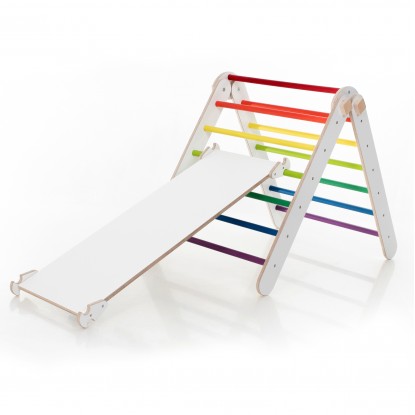 Adjustable Climbing Triangle with Ramp & Slide (White frame + Rainbow color bars and ramp steps)