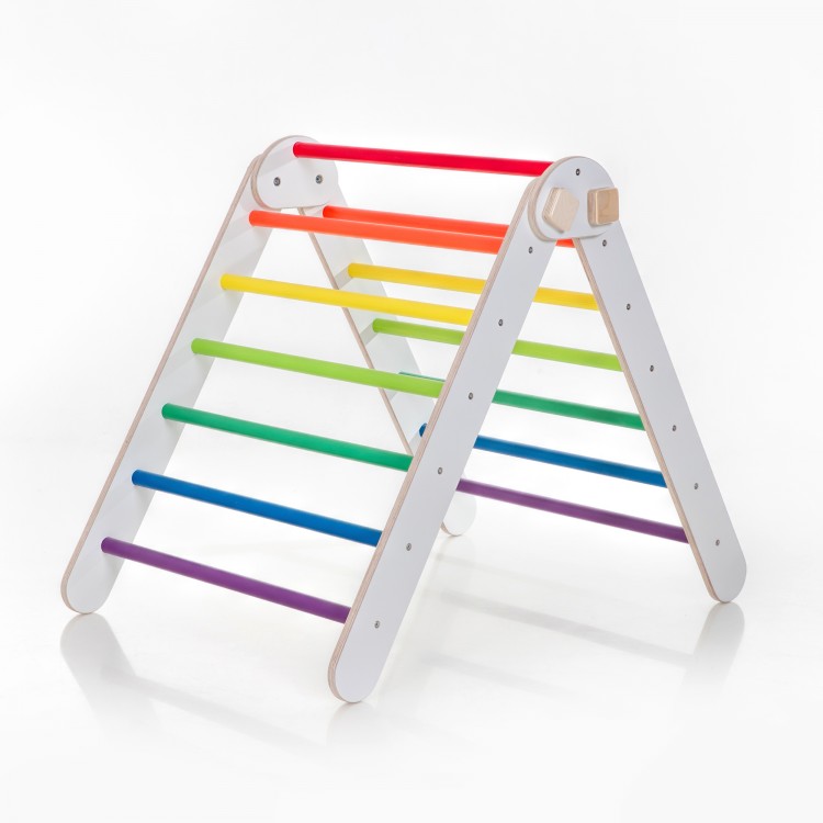 Adjustable Climbing Triangle with Ramp & Slide (White frame + Rainbow color bars and ramp steps)