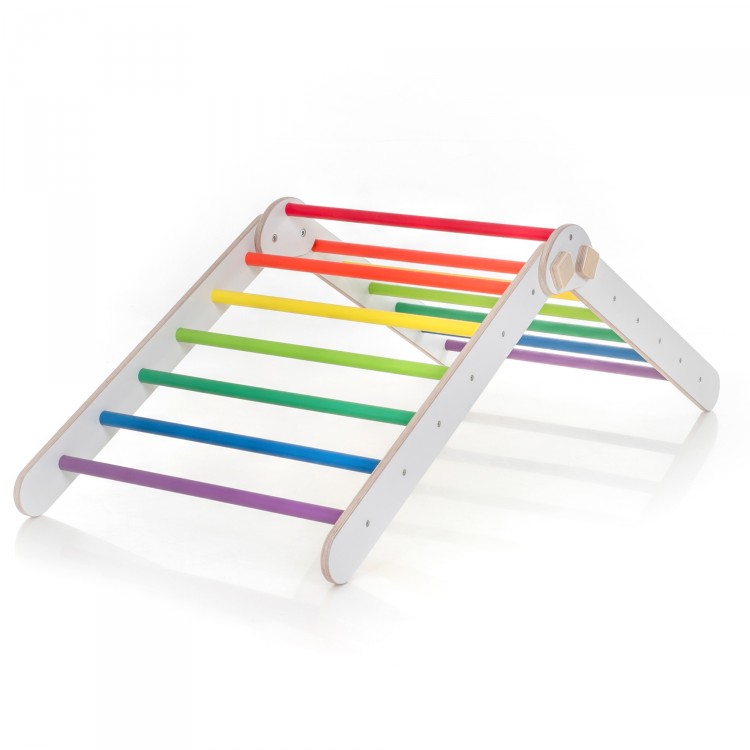 Adjustable Climbing Triangle with Ramp & Slide (White frame + Rainbow color bars and ramp steps)