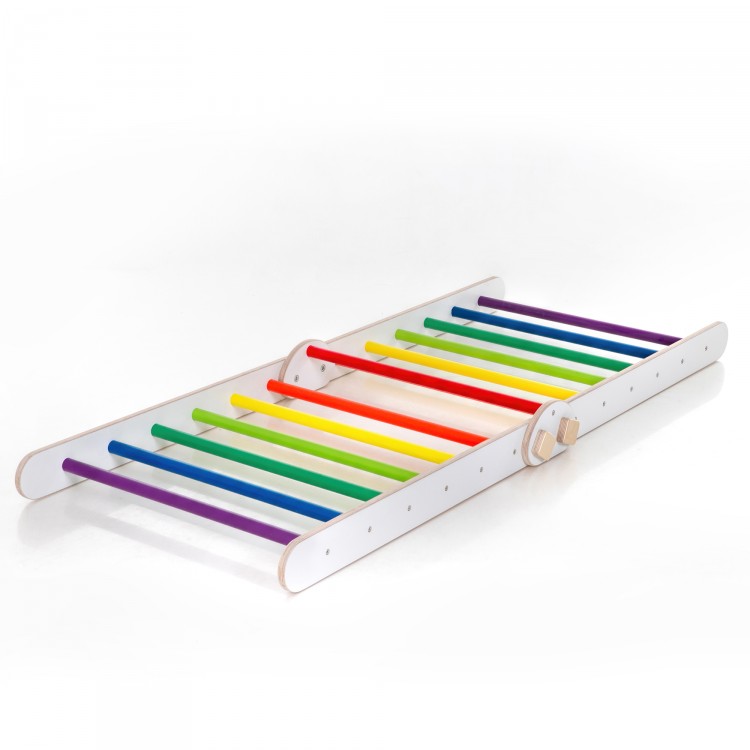 Adjustable Climbing Triangle with Ramp & Slide (White frame + Rainbow color bars and ramp steps)