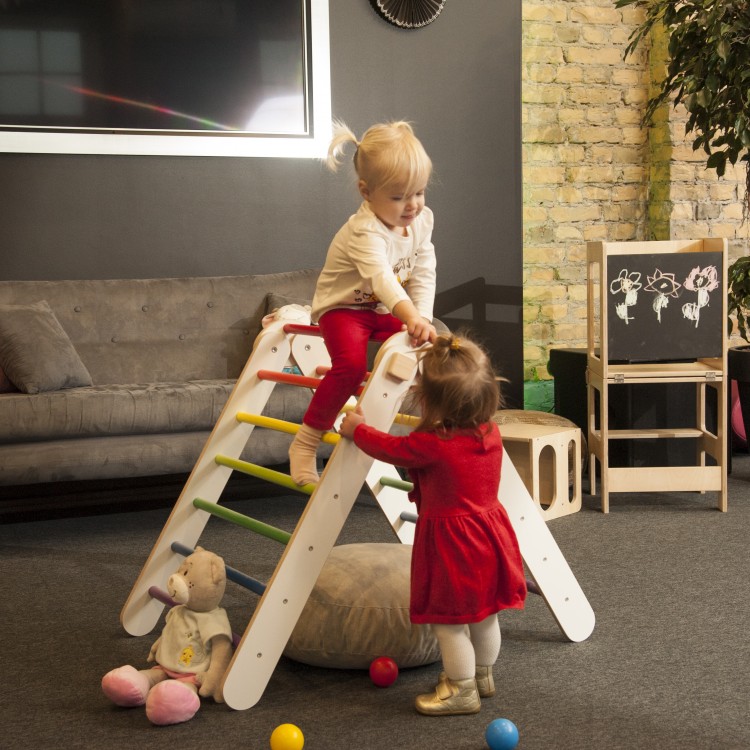 Adjustable Climbing Triangle with Ramp & Slide (White frame + Rainbow color bars and ramp steps)