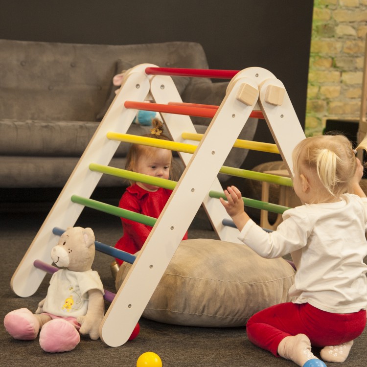 Adjustable Climbing Triangle with Ramp & Slide (White frame + Rainbow color bars and ramp steps)