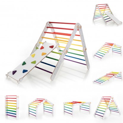 XXL Transformable Climbing Triangle with Ramp & Slide (White frame + Rainbow Color Bars And Ramp Steps)