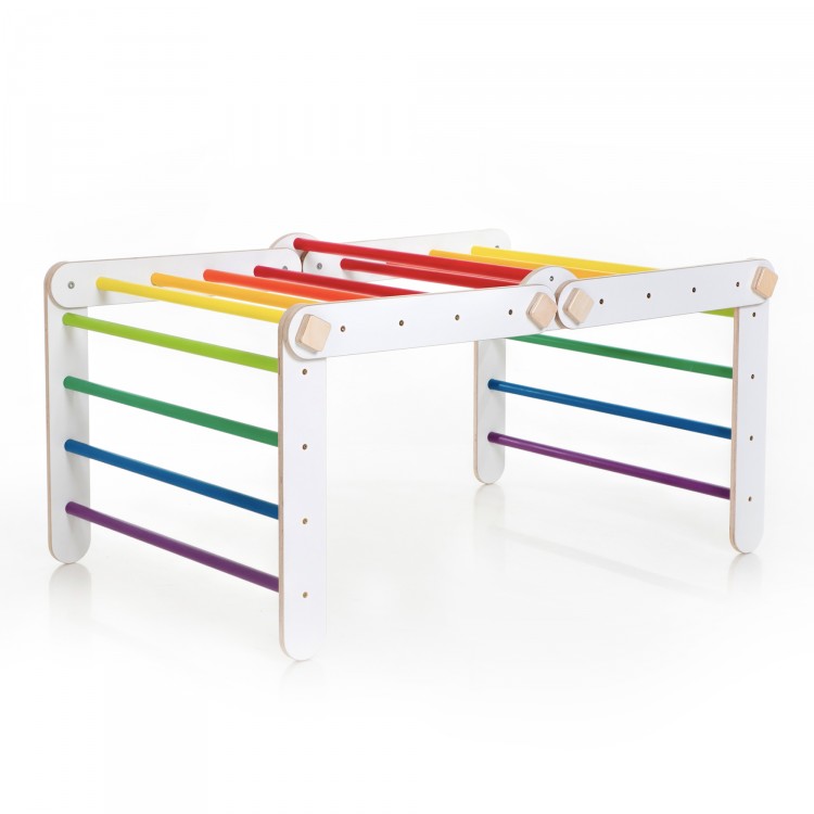 XXL Transformable Climbing Triangle with Ramp & Slide (White frame + Rainbow Color Bars And Ramp Steps)