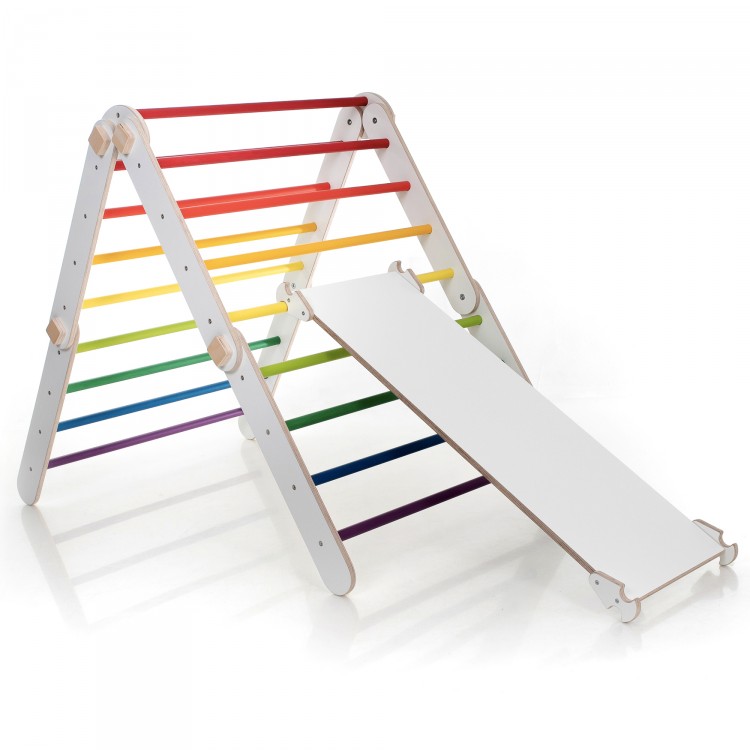 XXL Transformable Climbing Triangle with Ramp & Slide (White frame + Rainbow Color Bars And Ramp Steps)