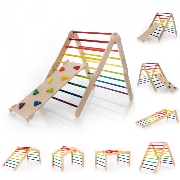 XXL Transformable Climbing Triangle with Ramp & Slide (Natural Lacquered frame + Rainbow Color Bars And Ramp Steps)