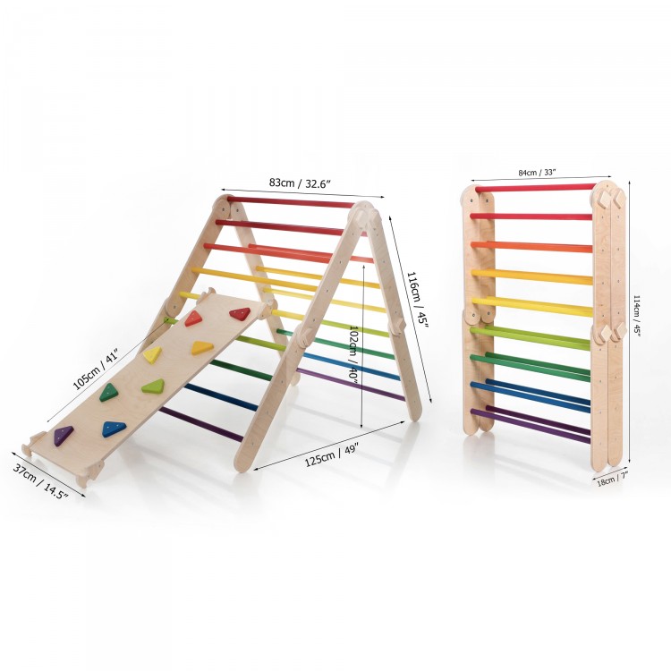 XXL Transformable Climbing Triangle with Ramp & Slide (Natural Lacquered frame + Rainbow Color Bars And Ramp Steps)