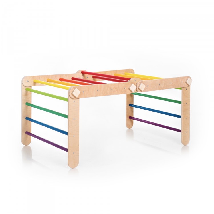 XXL Transformable Climbing Triangle with Ramp & Slide (Natural Lacquered frame + Rainbow Color Bars And Ramp Steps)