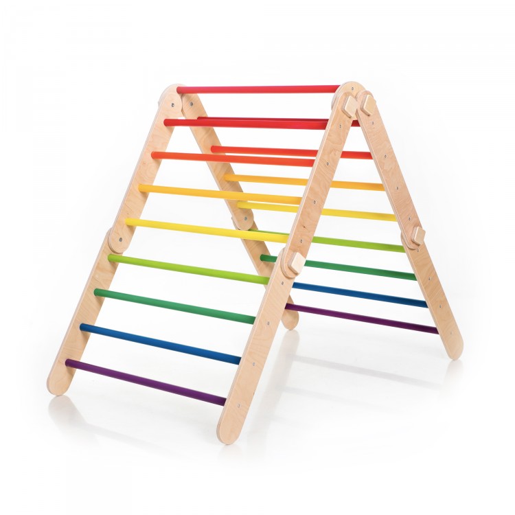 XXL Transformable Climbing Triangle with Ramp & Slide (Natural Lacquered frame + Rainbow Color Bars And Ramp Steps)