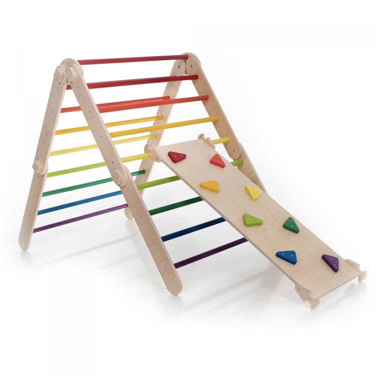 XXL Transformable Climbing Triangle with Ramp & Slide (Natural Lacquered frame + Rainbow Color Bars And Ramp Steps)