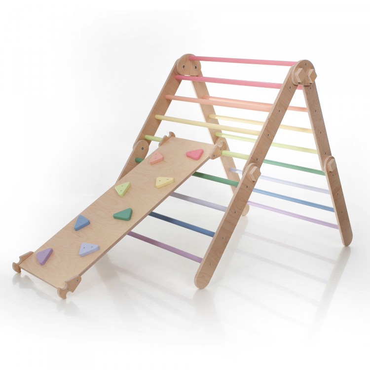 XXL Transformable Climbing Triangle with Ramp & Slide (Natural Lacquered frame + Pastel rainbow color bars and ramp steps)