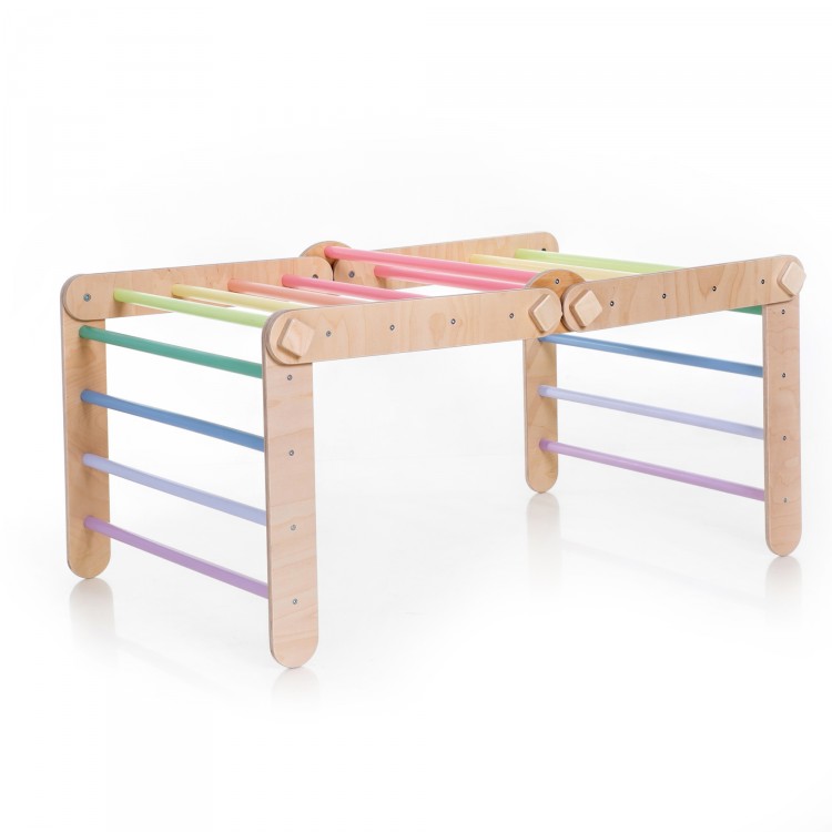 XXL Transformable Climbing Triangle with Ramp & Slide (Natural Lacquered frame + Pastel rainbow color bars and ramp steps)