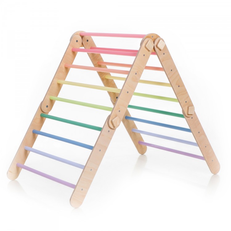 XXL Transformable Climbing Triangle with Ramp & Slide (Natural Lacquered frame + Pastel rainbow color bars and ramp steps)