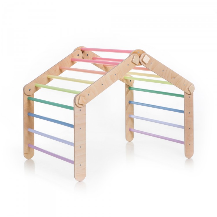 XXL Transformable Climbing Triangle with Ramp & Slide (Natural Lacquered frame + Pastel rainbow color bars and ramp steps)