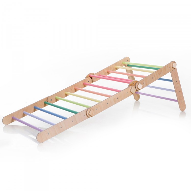 XXL Transformable Climbing Triangle with Ramp & Slide (Natural Lacquered frame + Pastel rainbow color bars and ramp steps)