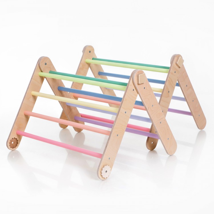 XXL Transformable Climbing Triangle with Ramp & Slide (Natural Lacquered frame + Pastel rainbow color bars and ramp steps)