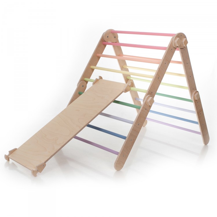 XXL Transformable Climbing Triangle with Ramp & Slide (Natural Lacquered frame + Pastel rainbow color bars and ramp steps)