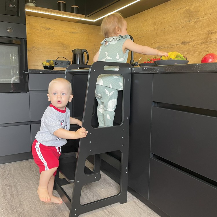 Kitchen helper tower with blackboard and Adjustable Height - Black