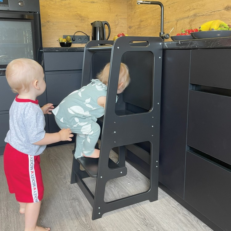 Kitchen helper tower with blackboard and Adjustable Height - Black