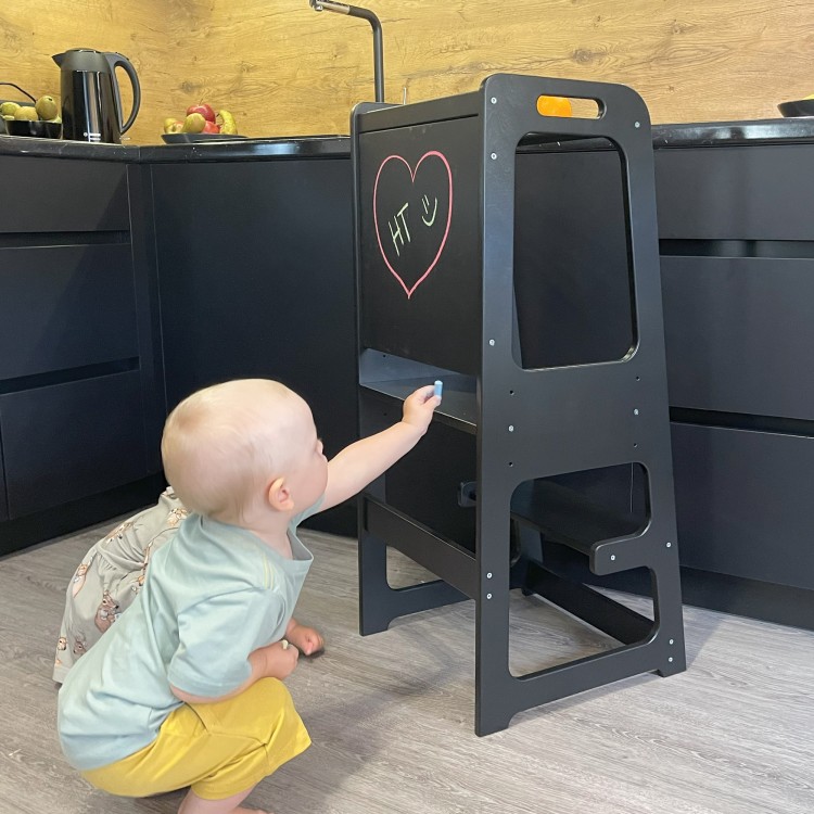 Kitchen helper tower with blackboard and Adjustable Height - Black