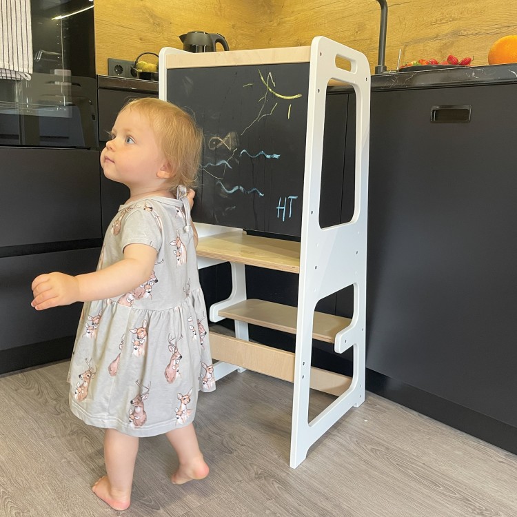 Kitchen Helper Tower With Blackboard And Adjustable Height - White & Lacquered