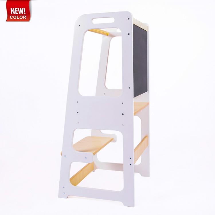 Kitchen Helper Tower With Blackboard And Adjustable Height - White & Lacquered