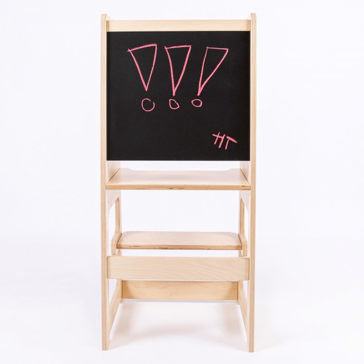 Kitchen helper tower with blackboard and Adjustable Height  - Natural Lacquered